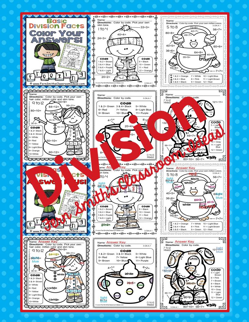Fern Smith's Classroom Ideas Matching Winter Fun! Basic Division Facts - Color Your Answers Printables