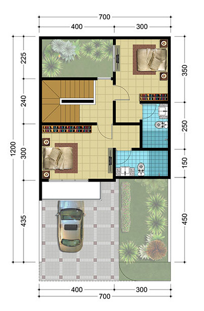 Denah rumah minimalis ukuran 7x12 meter 3 kamar tidur 2 lantai