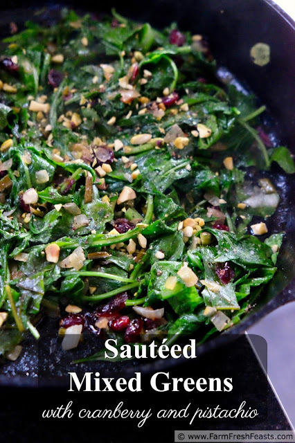 Brightly colored and fresh tasting, this side dish of sautéed cooking greens with dried cranberries and crunchy pistachios is sure to satisfy. Great alongside roasted meats or mashed potatoes!