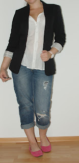 [Fashion] How to Style a Boyfriend Jeans - White Blouse, Blazer & Pink Shoes!