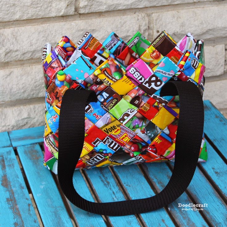 FREE SHIPPING upcycled upcycling upcycle clutch recycled reclaimed gift gifts bag purse vegan handmade environment organic products woven wrapper gum Small wristlet made from candy wrappers 