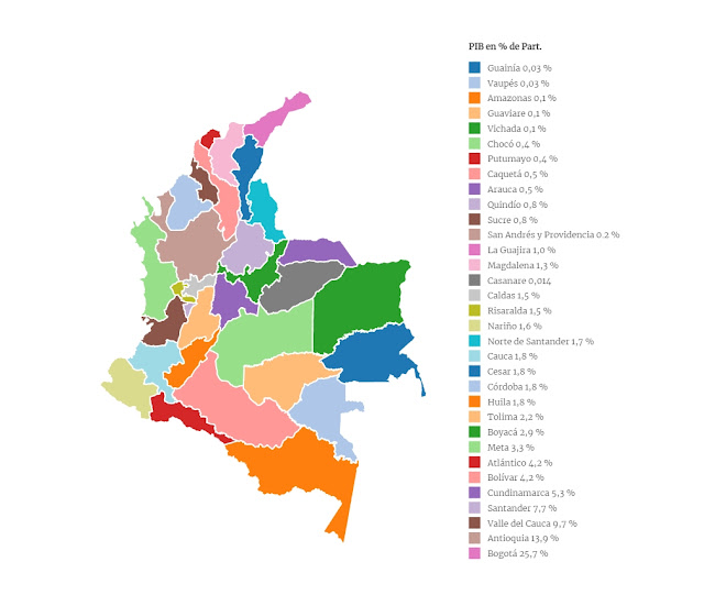 mapa económico de la participación departamentos en el PIB de Colombia