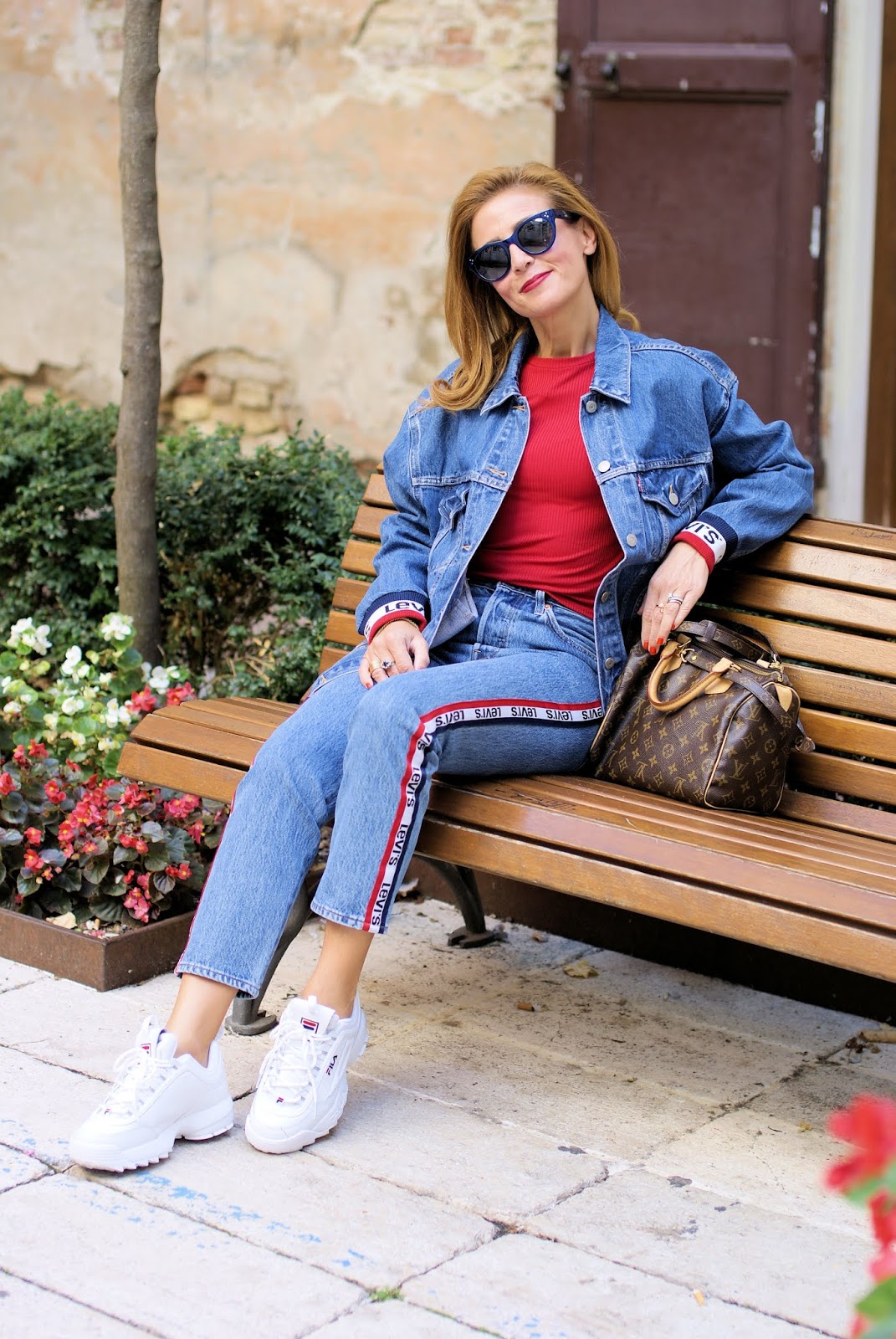 The Logomania trend and Fila Disruptor sneakers on Fashion and Cookies fashion blog, fashion blogger style