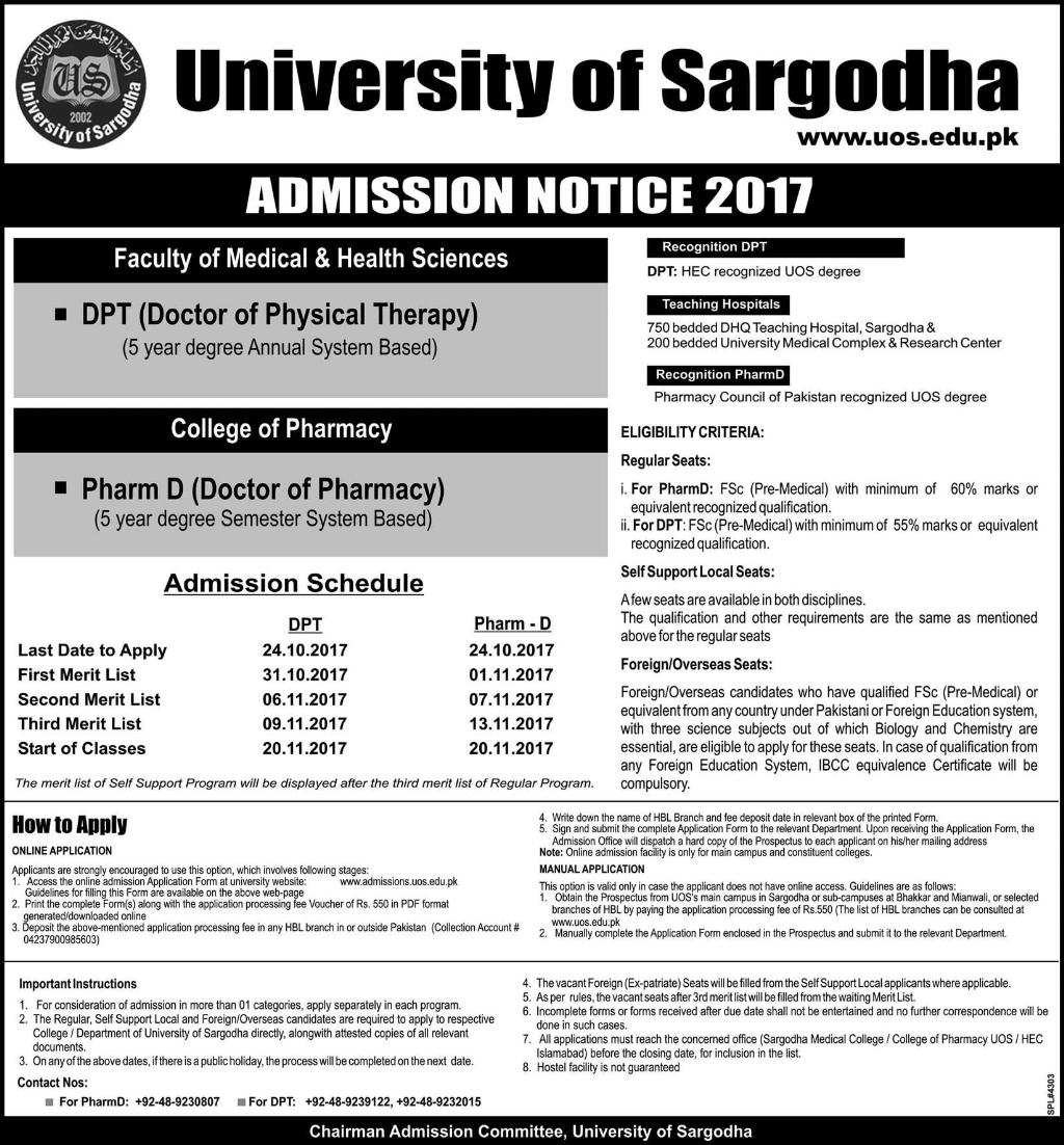 Admissions Open in University of Sargodha Main Campus - 2017