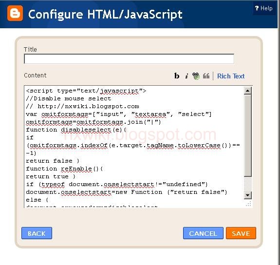 Disable Mouse Text Selection in Blogger