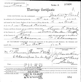 Washington State Archives, "Marriage Records," database, Washington State Archives - Digital Archives (http://www.digitalarchives.wa.gov/ : accessed 3 Feb 2015), entry for Thomas F Walsh and Grace Van den Bergh, married 16 Oct 1933. 