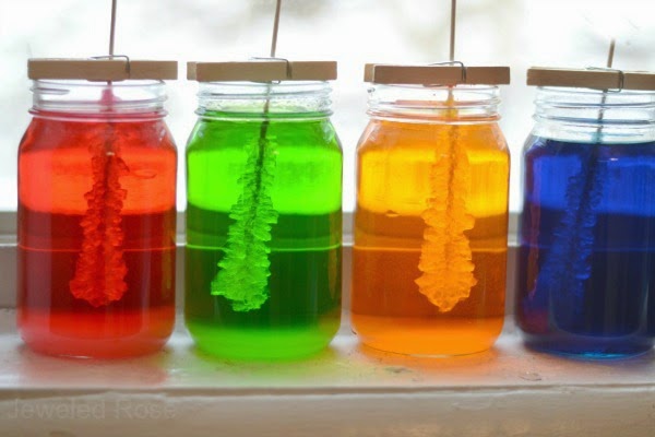 ROCK CANDY EXPERIMENT: A beautiful Science experiment & a yummy treat all in one. My kids loved checking on their jars each day to see if the rock candy had grown!