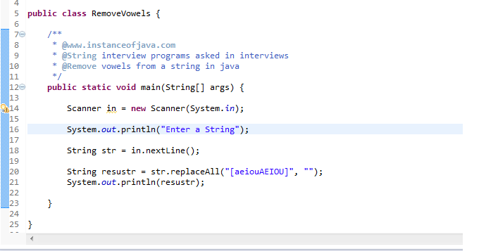 java program to remove vowels from string java phone interview example