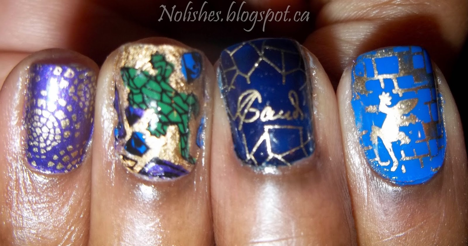 Nail Stamping manicure created using Moyou London Artist 13, in green, blue, navy, purple and gold.