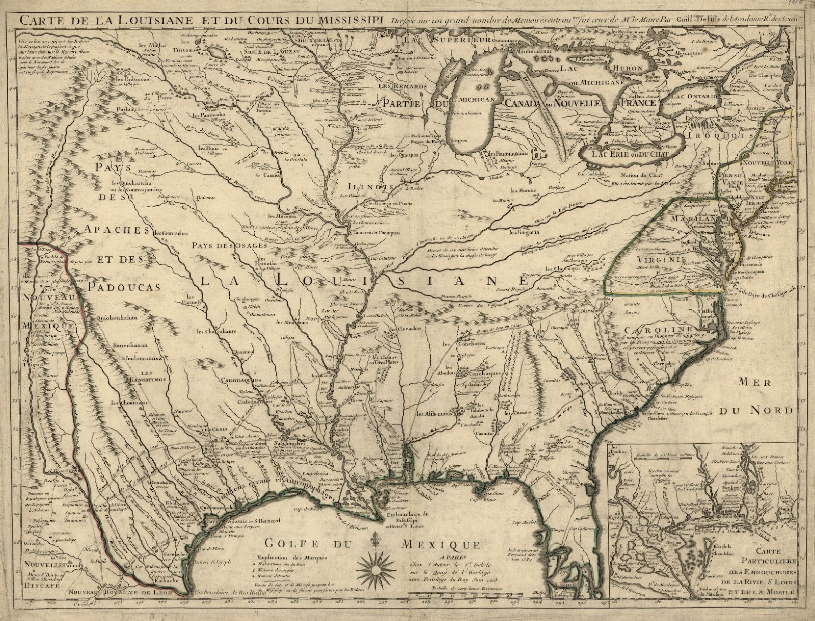 up to the great lakes as far as lake erie the colony of carolina which has its own inset is shown extending south to just a bit above st augustine up to the great lakes as far as lake erie the colony of carolina which has its own inset is shown extending south to just a bit above st augustine