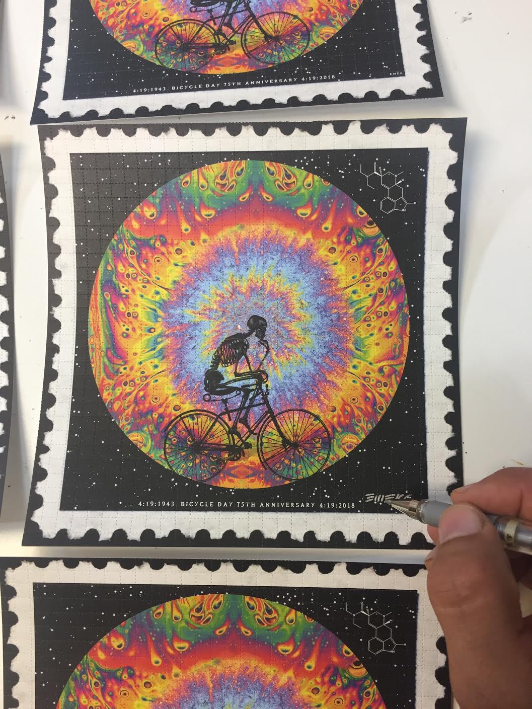 INSIDE THE ROCK POSTER FRAME BLOG Emek & Alex Grey Bicycle Day 75th Anniversary Blotter Art