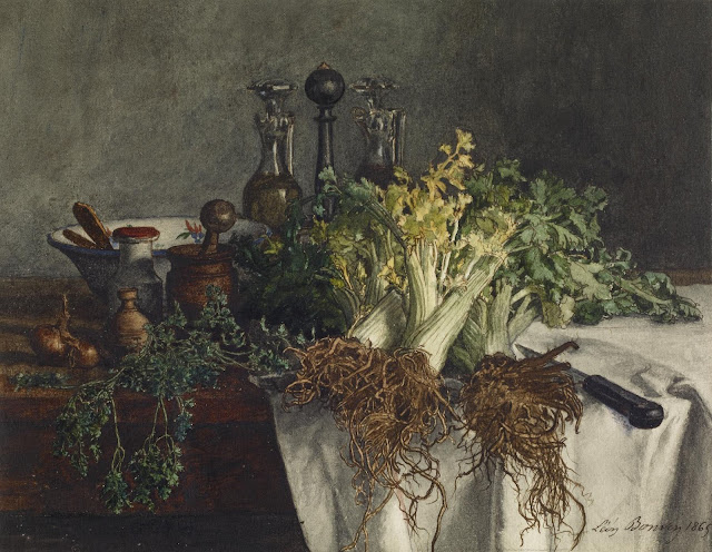 Léon Bonvin  French, 1865  Still Life on Kitchen Table with Celery, Parsley, Bowl and Cruets via Walters as seen on linen & lavender (l&l)