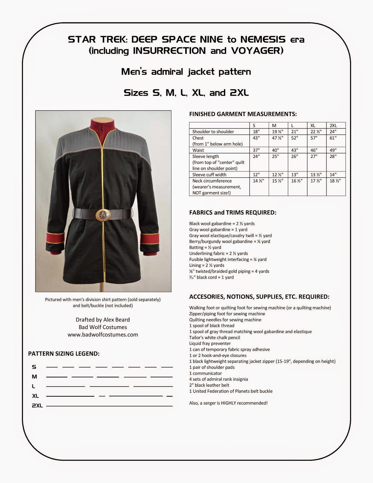 Star Trek: DS9/NEM Men's Admiral Jacket Sewing Pattern