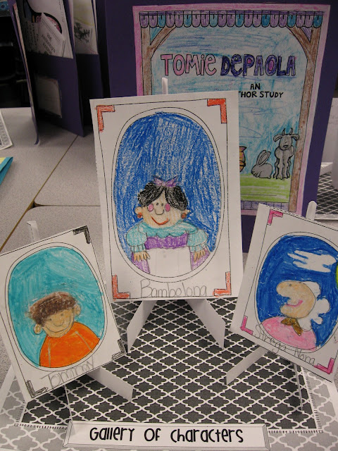 Character portraits "art galleries" with character traits on the back of each "canvas" during our Tomie dePaola author study