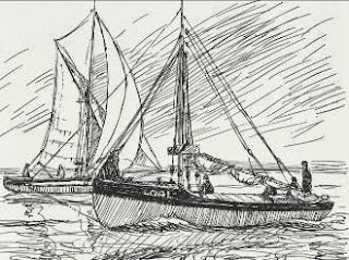 Sketch drawing from John Leather's wonderful book, Smacks and Bawleys, depicting Endeavour motoring with another cockler under sail.