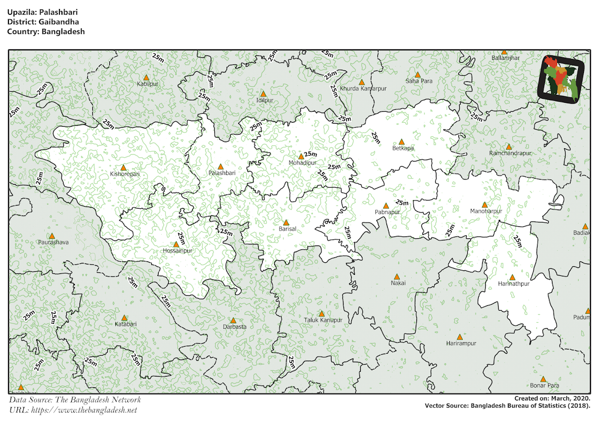 Palashbari Upazila Elevation Map Gaibandha District Bangladesh