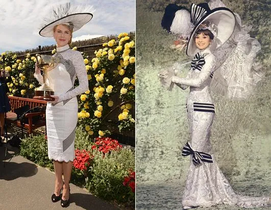 Nicole Kidman attends Victoria Derby Day at Flemington Racecourse in Australia and she wearing same style dress with Audrey Hepburn