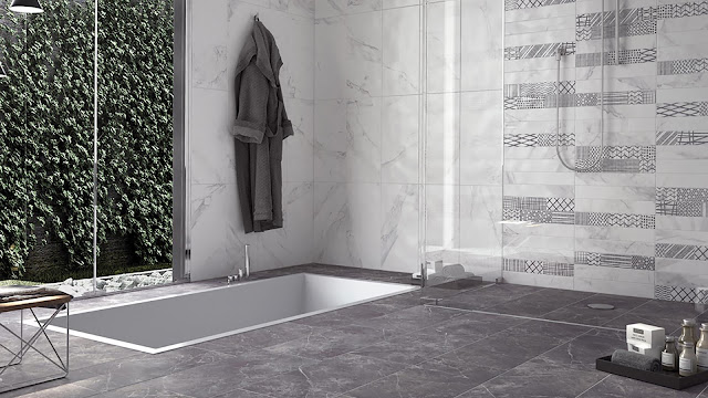 Bathroom tiles design with marble finish tiles Fori Romani Grigio Imperale