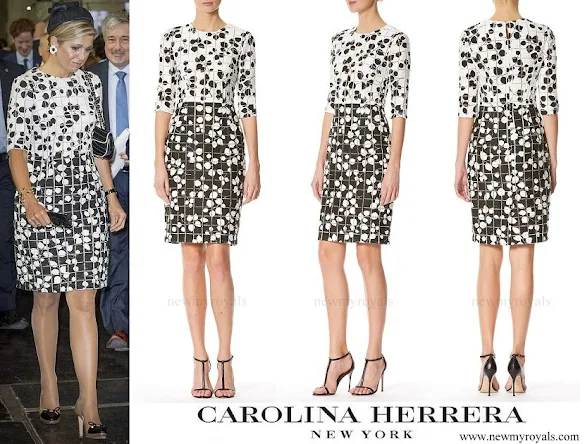 Queen Maxima wore Carolina Herrera Leaf Print Tweed Half Sleeve Dress