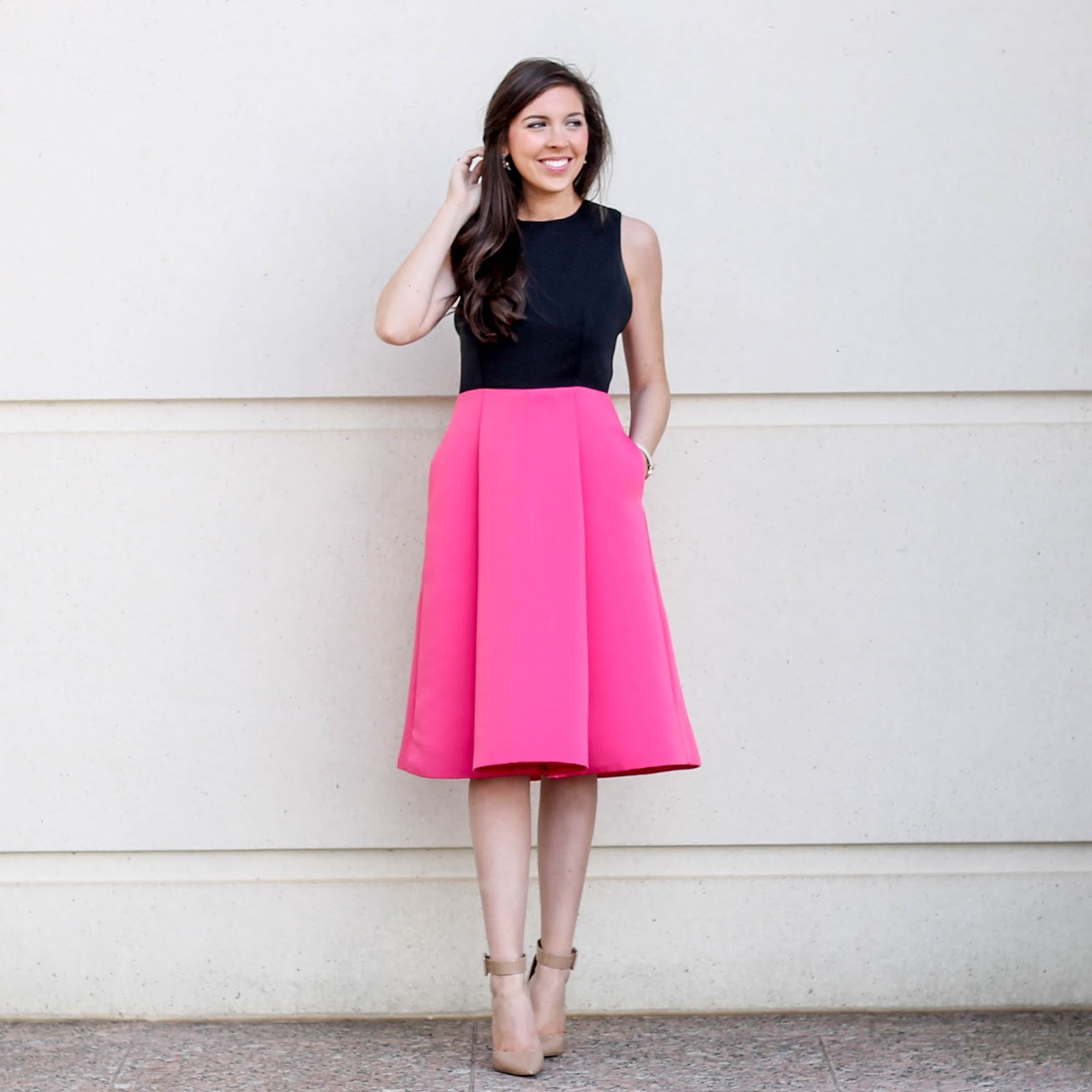 Kate Spade Bow back colorblock dress, Rent the Runway Valentine's dress, Rent the Runway wedding dress idea, NC Fashion Blogger, Stella Dot earrings, fossil tan leather watch with rose gold face, pretty in the pines blog