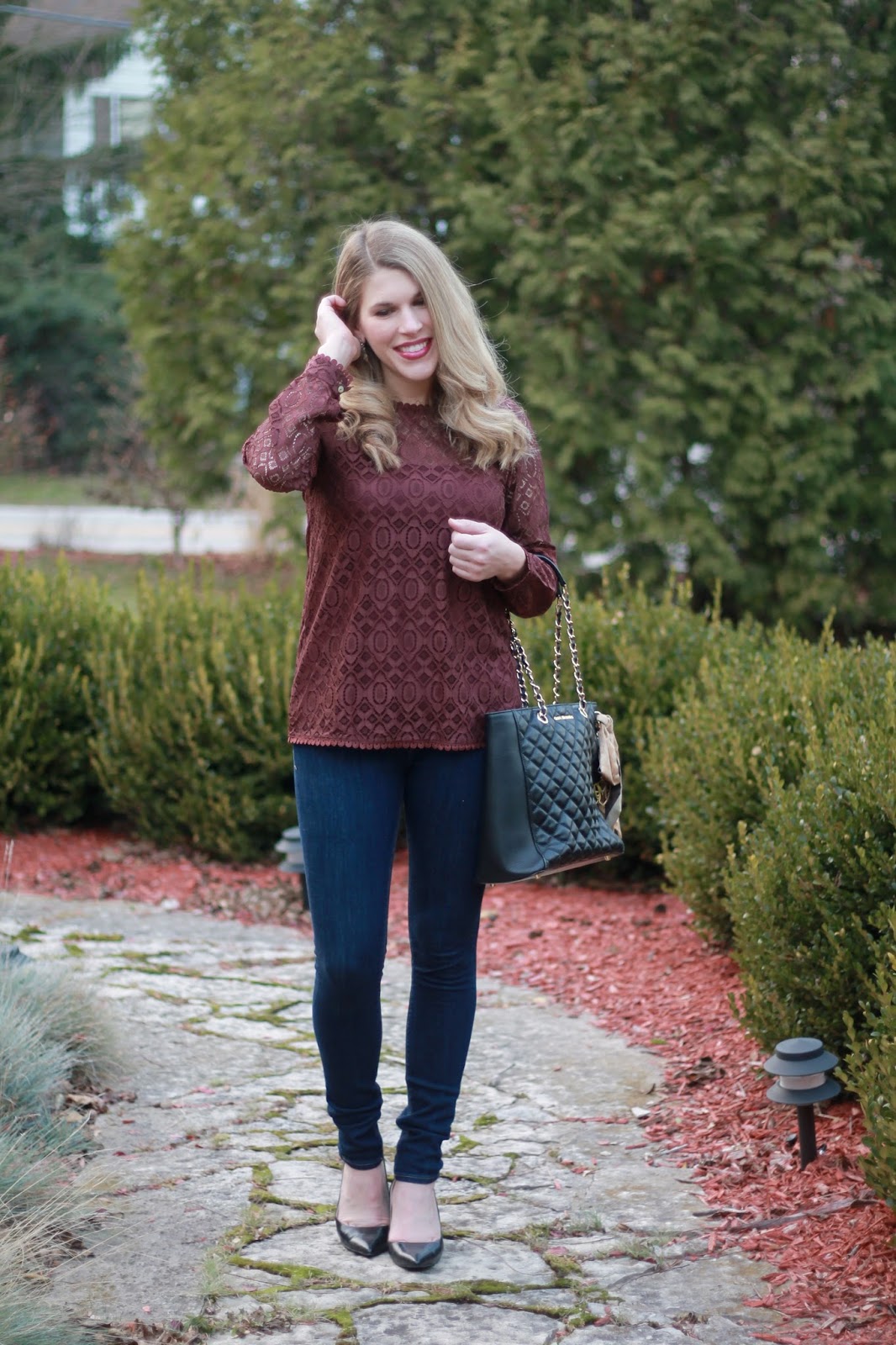 PinkBlush Burgundy Lace Blouse & Confident Twosday Linkup - I do deClaire