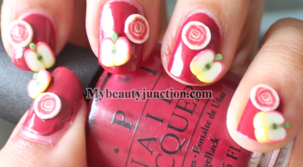 Fimo manicure on O.P.I. From A To Zurich nail polish Cosmetopia