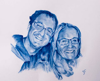 Retrato en acuarela en gama de azules. Eva Carballares Retrato de una pareja en acuarela en gama de azules