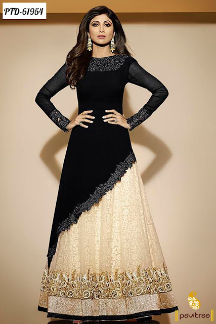Latest Black Color Net Bollywood Actress Shilpa Shetty Designer Wedding Bridal Anarkali Style Lehenga Suits Online Shopping with Discount Offer Price