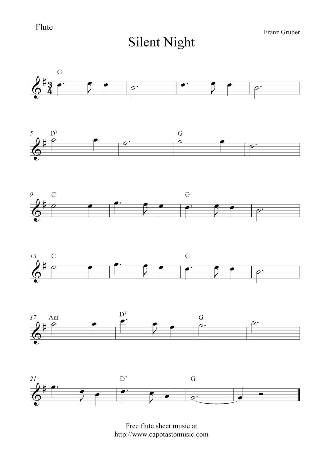 Silent Night, free Christmas flute sheet music notes