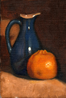 Oil painting of a blue porcelain sauce jug beside a mandarine.