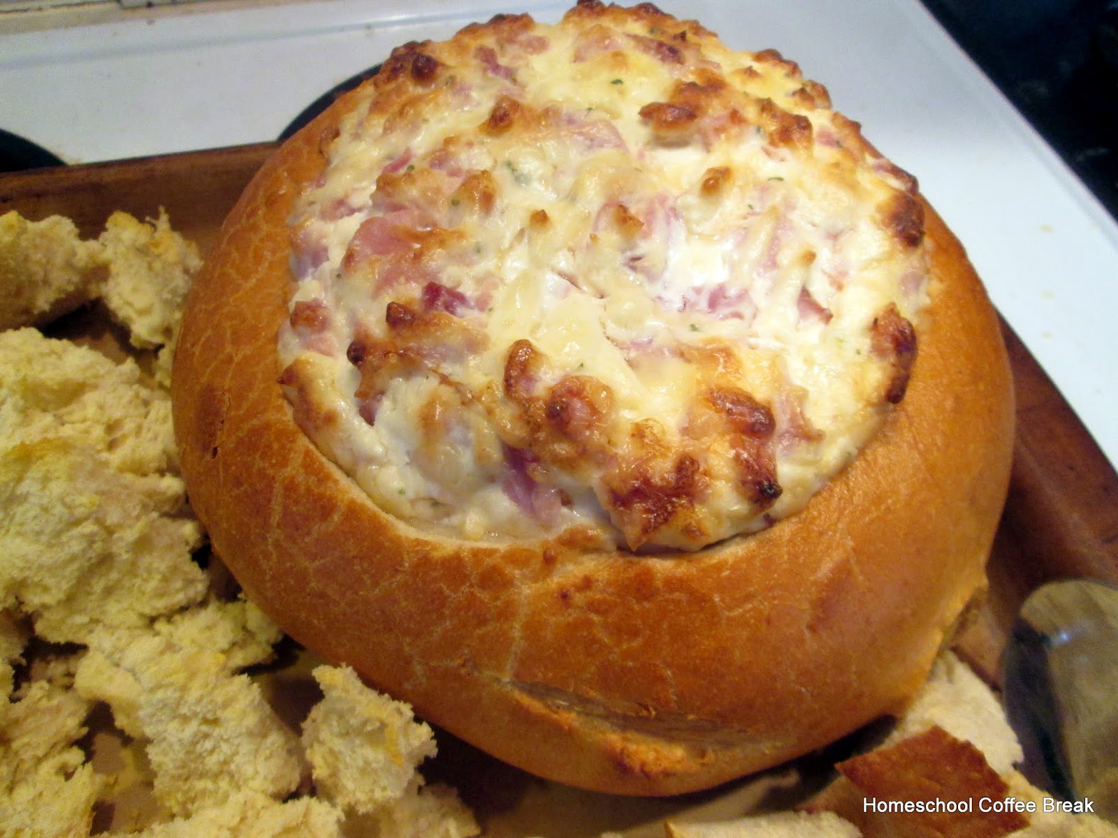 Homeschool Coffee Break Ham and Swiss Dip Bread Bowl