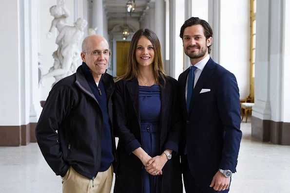 Prince Carl Philip and Princess Sofia Hellqvist of Sweden met with producer Jeffrey Katzenberg, jewelery, diamond tiara, dresses fashion