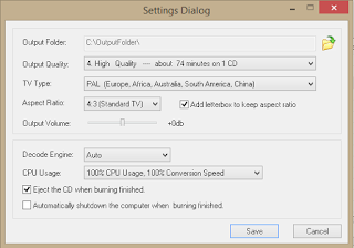 Tampilan settings dialog aplikasi burning video agar bisa diputar di dvd player