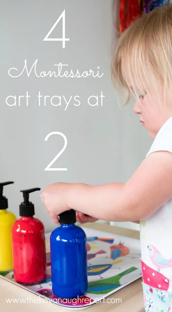 4 Montessori art trays at 2-years-old. Simple ideas to explore art with toddlers.