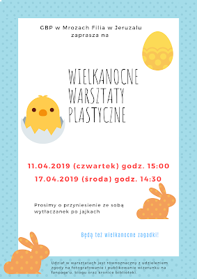 Plakat informujący o warsztatach plastycznych, które odbędą się w dwóch terminach: 11 kwietnia o 15:00 oraz 17 kwietnia o 14:30