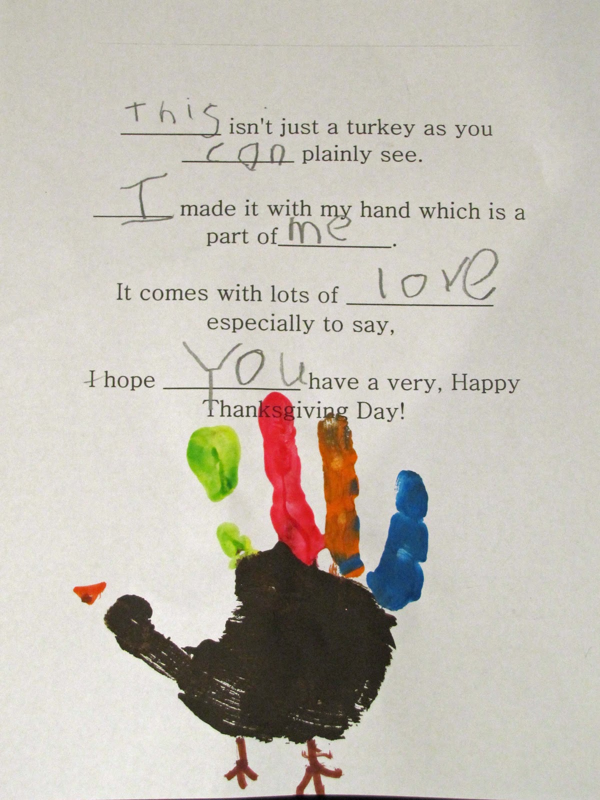 Handprint Turkey Poem Printable