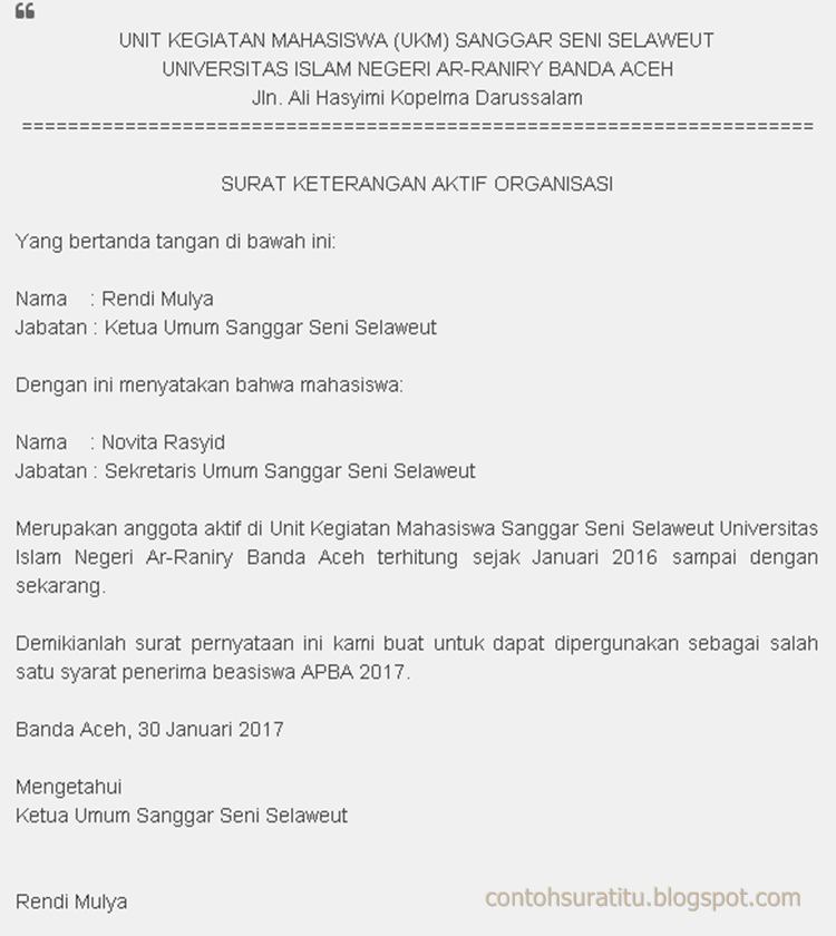 Contoh Surat Aktif Organisasi Yang Benar