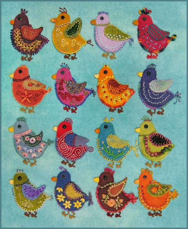 Robin Atkins embroidered, wool applique chicks, in quilting process