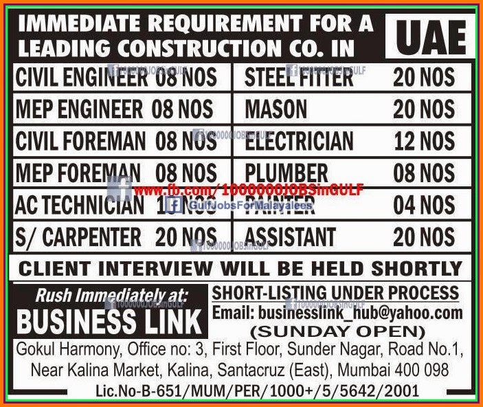 Construction company UAE job vacancies Gulf Jobs for Malayalees