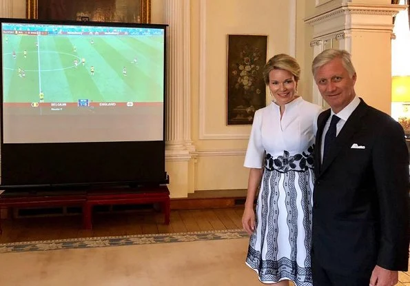 King Philippe and Queen Mathilde met with Queen Elizabeth II at Windsor Castle.Belgian Remembrance Parade. Queen wore Natan dress