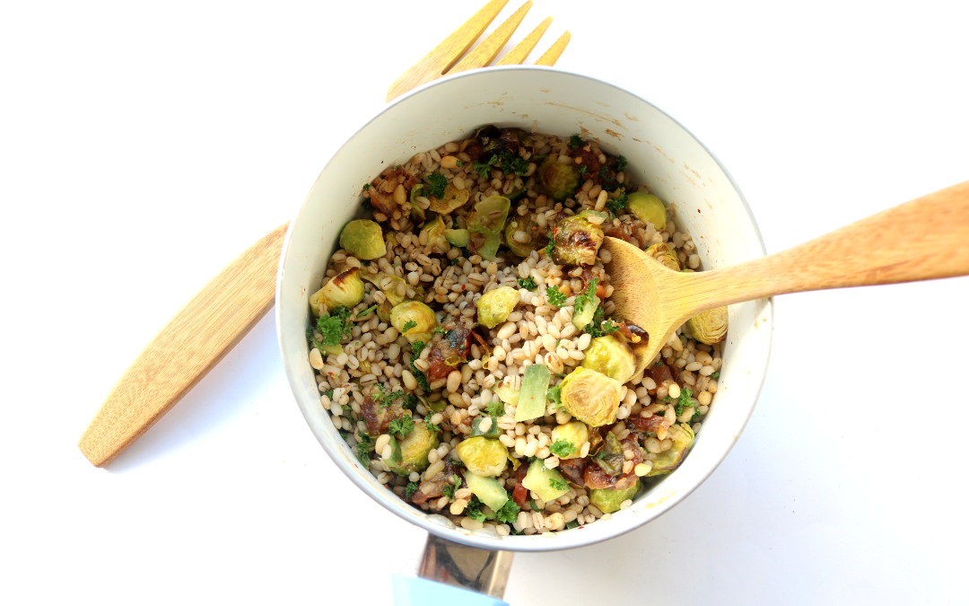 Cumin Roasted Brussels Sprouts with Date & Pearl Barley Salad
