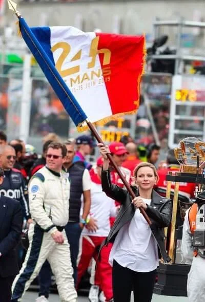 Princess Charlene wore a leather biker jacket of the Le Mans 24h endurance Race at the Circuit de la Sarthe