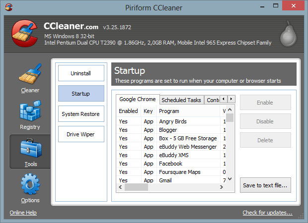 CCleaner 3.2.5 Dirilis dengan Chrome Extension Management