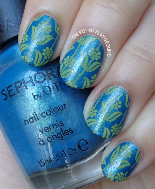 Teal Shimmer with Yellow Floral Pattern Stamping Nail Art