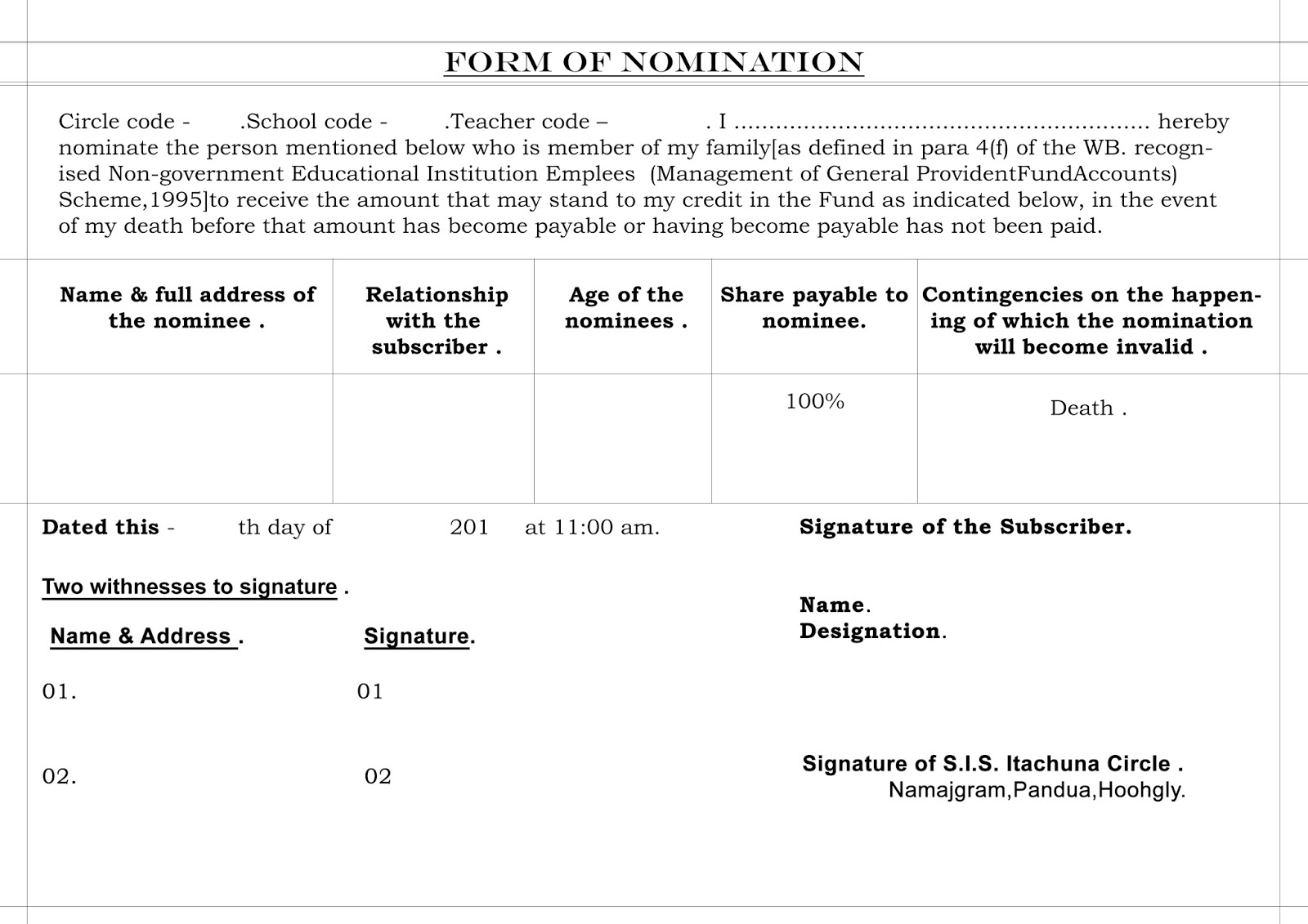 A B P T A Provident Fund Nomination Form For Primary School Teacher
