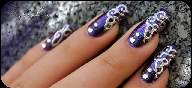 Violet Nail Art with Silver Antique Pattern and Clear Stones