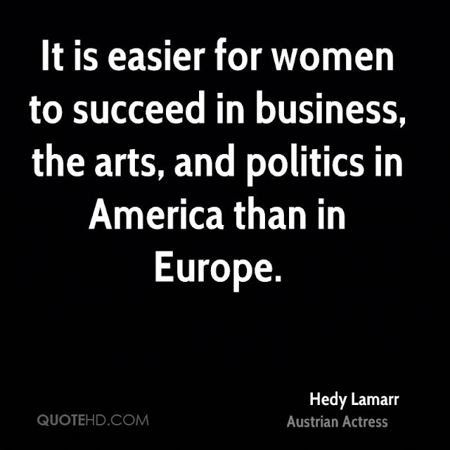 This image is a black background with white lettering on it, giving a quote by Hedy Lamarr, who is listed as an "Austrian Actress." She said, "It is easier for women to succeed in business, the arts, and politics in America than in Europe."