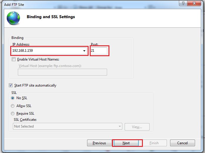 Binding and SSL Settings