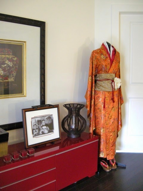 red Ikea media cabinet, Asian influences, kimono, vignette