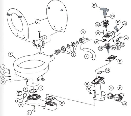 Figur som viser alle delene til et Jabsco toalett